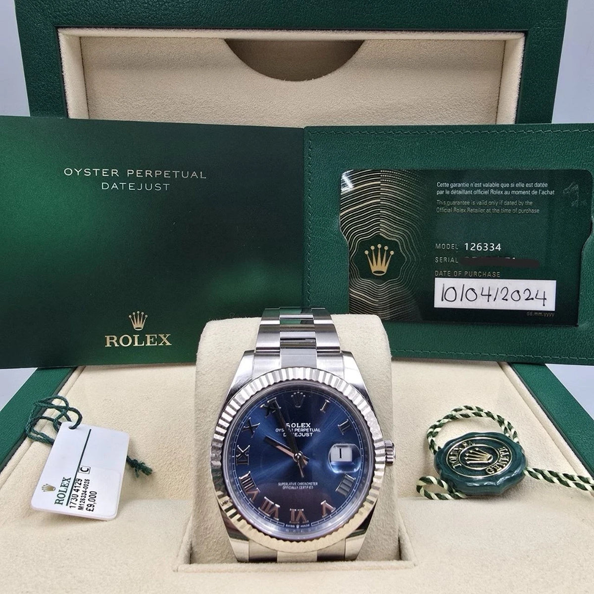 2024 PAPERS Rolex Datejust 126334 Steel Oyster Azzurro Blue Roman Dial 41mm BOX