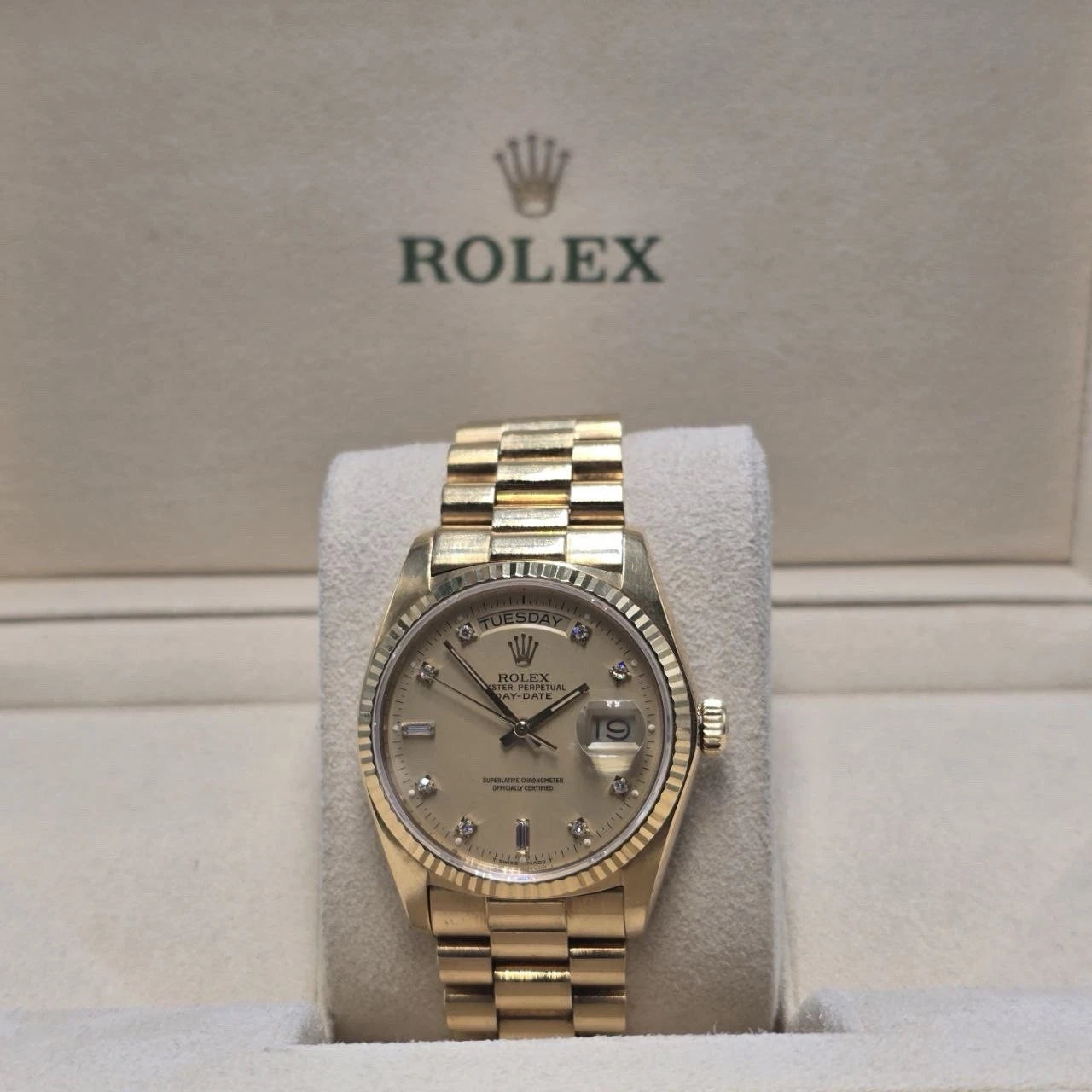 Rolex Day-Date 18038 President 18k Gold 36mm Factory Champagne Diamond Dial
