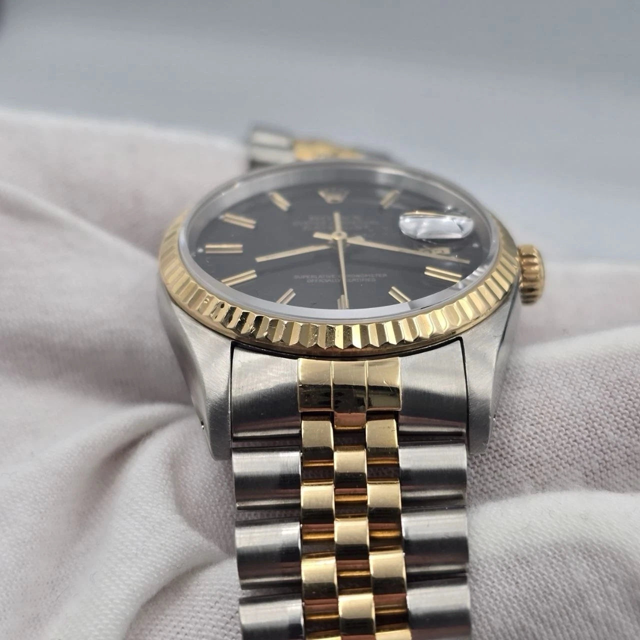PAPERS Rolex Datejust 36mm FACTORY BLACK Dial 18K Yellow Gold Jubilee 16233