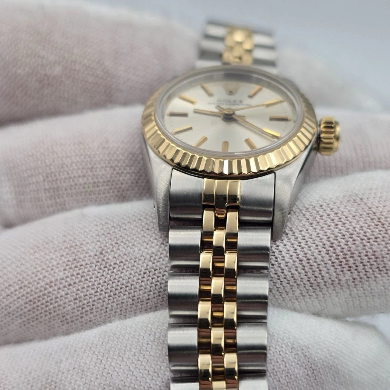 Rolex Oyster Perpetual 24mm Factory SILVER Dial TT Gold Steel Jubilee 67193
