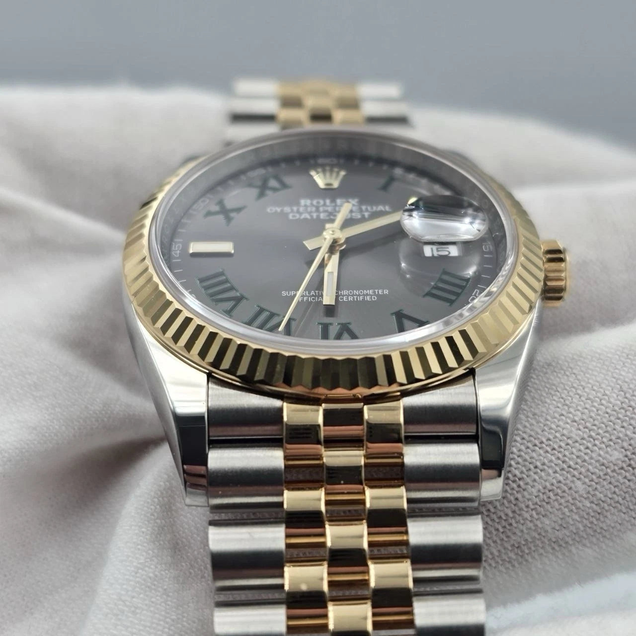 PAPERS 2022 Rolex Datejust 36mm Wimbledon Yellow Gold Fluted Jubilee 126233 BOX