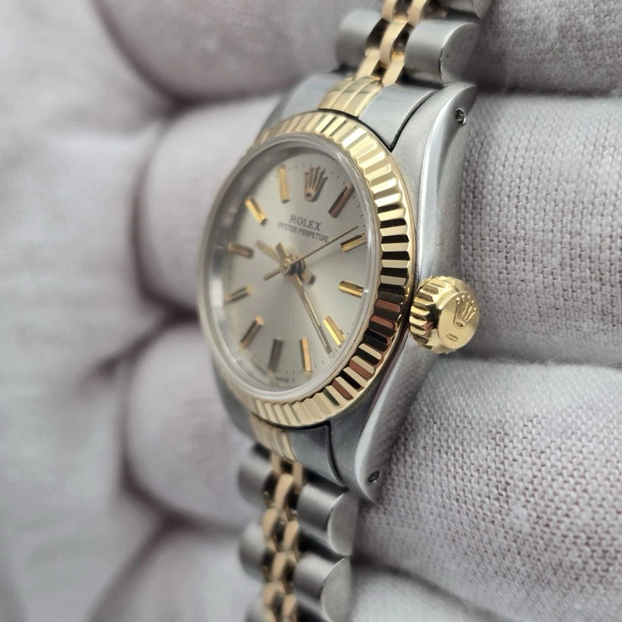 Rolex Oyster Perpetual 24mm Factory SILVER Dial TT Gold Steel Jubilee 67193