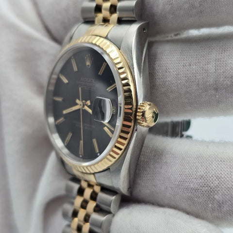 PAPERS Rolex Datejust 36mm FACTORY BLACK Dial 18K Yellow Gold Jubilee 16233