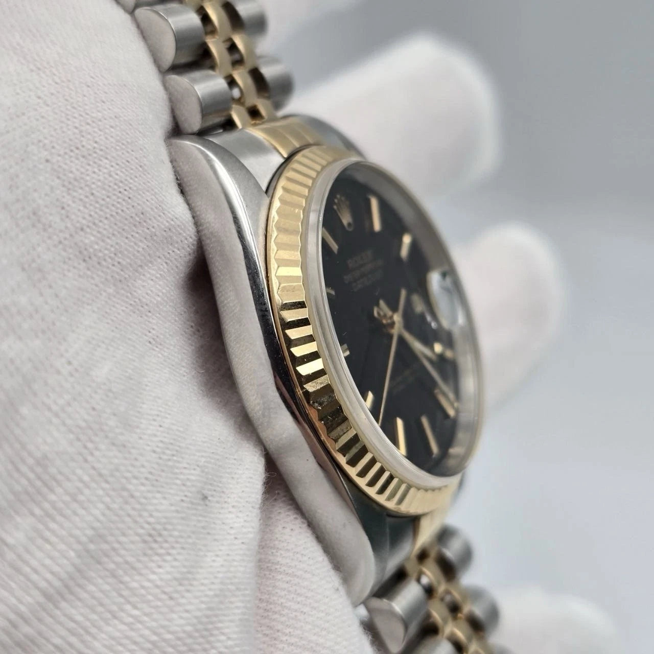Rolex Datejust 36mm Black Stick Dial Two Tone Gold Stainless Steel Jubilee 16233