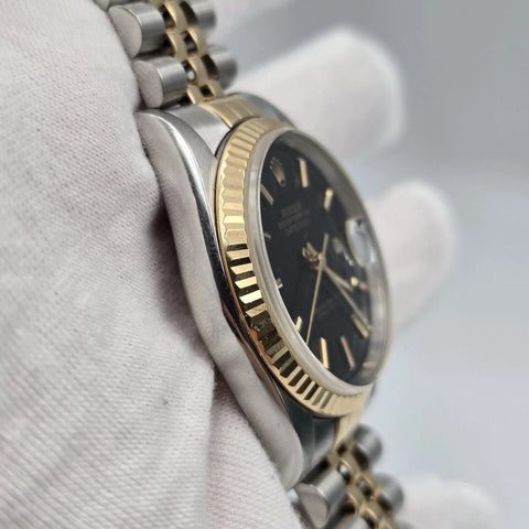 Rolex Datejust 36mm Black Stick Dial Two Tone Gold Stainless Steel Jubilee 16233