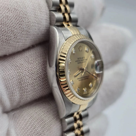 Rolex Datejust 79173 Fluted Bezel TT Jubilee Champagne Diamond Dial 26mm Watch