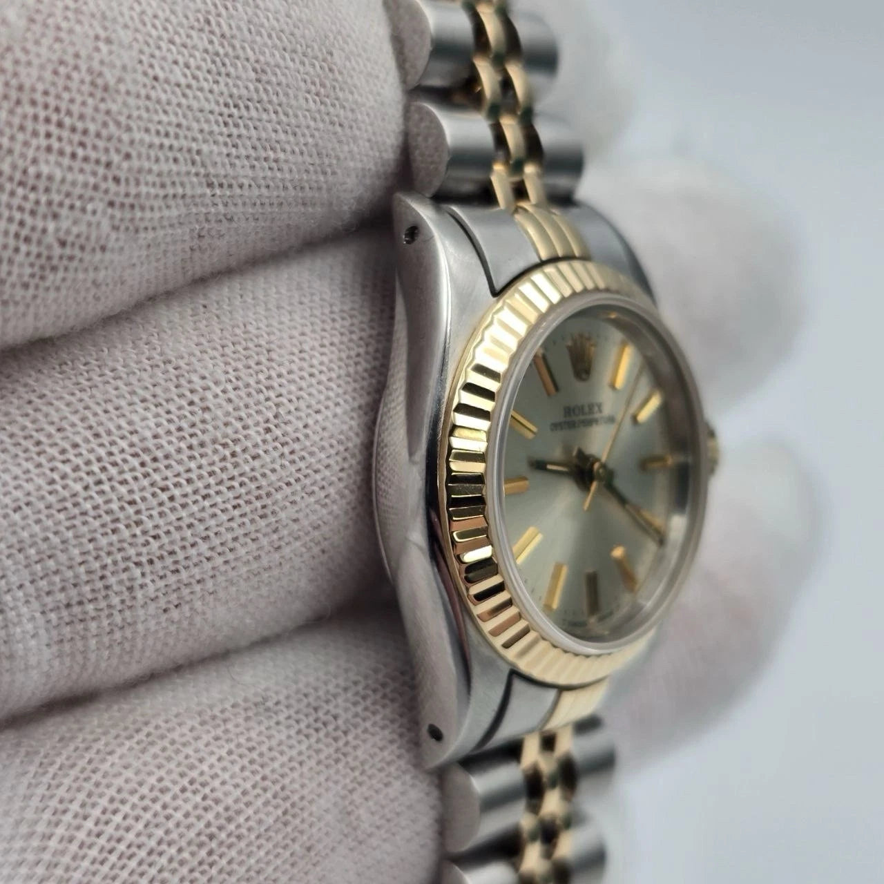 Rolex Oyster Perpetual 24mm Factory SILVER Dial TT Gold Steel Jubilee 67193