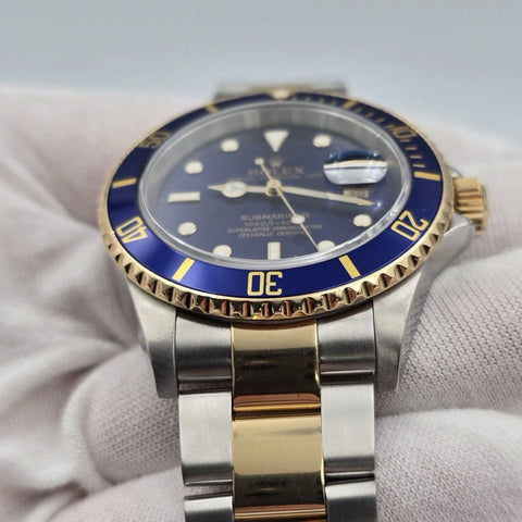 2006 Rolex Submariner 16613 NO HOLES Blue Dial Two Tone Steel Gold 40mm Watch