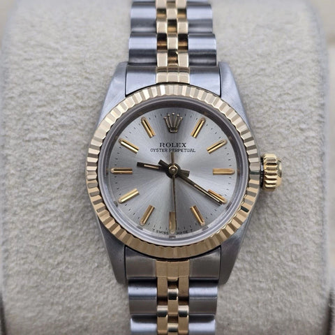 Rolex Oyster Perpetual 24mm Factory SILVER Dial TT Gold Steel Jubilee 67193