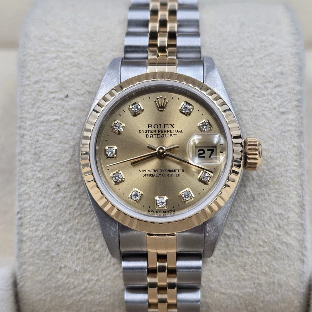 Rolex Datejust 79173 Fluted Bezel TT Jubilee Champagne Diamond Dial 26mm Watch