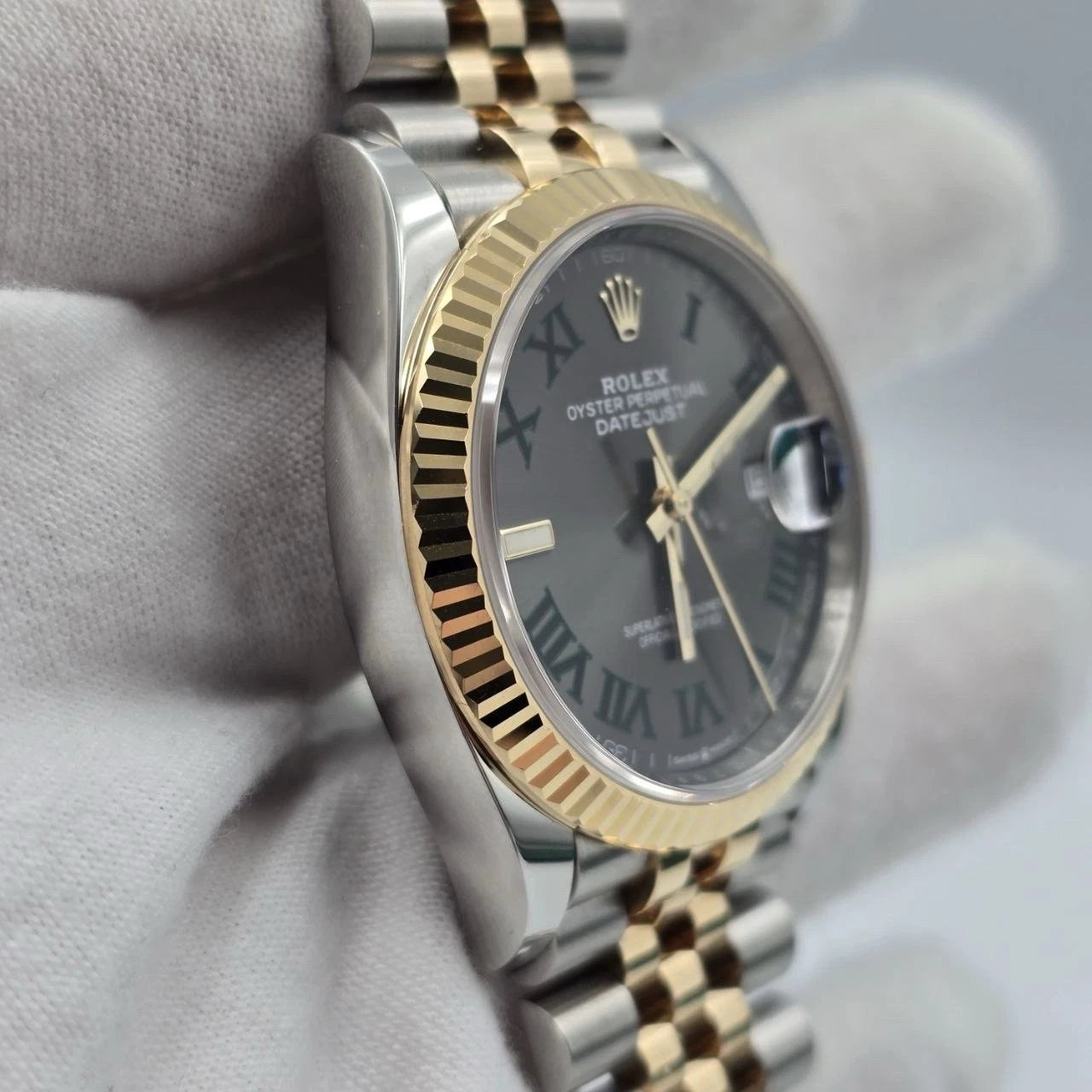 PAPERS 2022 Rolex Datejust 36mm Wimbledon Yellow Gold Fluted Jubilee 126233 BOX