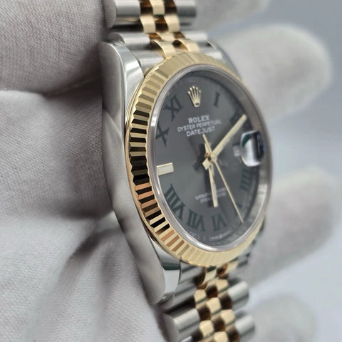 PAPERS 2022 Rolex Datejust 36mm Wimbledon Yellow Gold Fluted Jubilee 126233 BOX