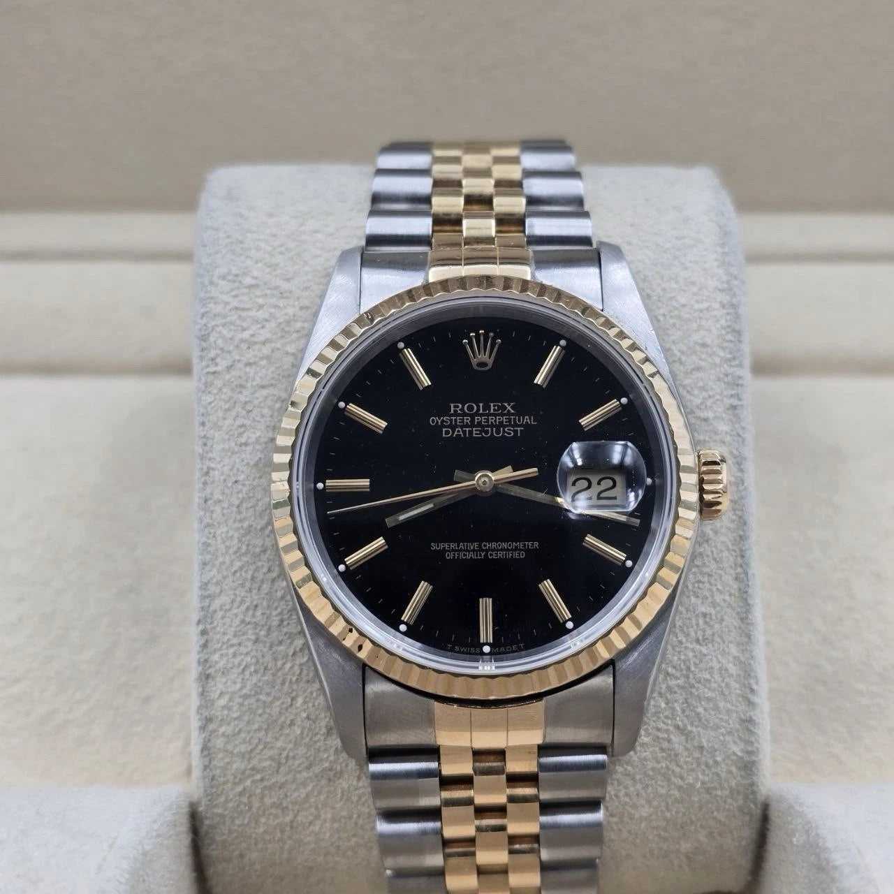 PAPERS Rolex Datejust 36mm FACTORY BLACK Dial 18K Yellow Gold Jubilee 16233