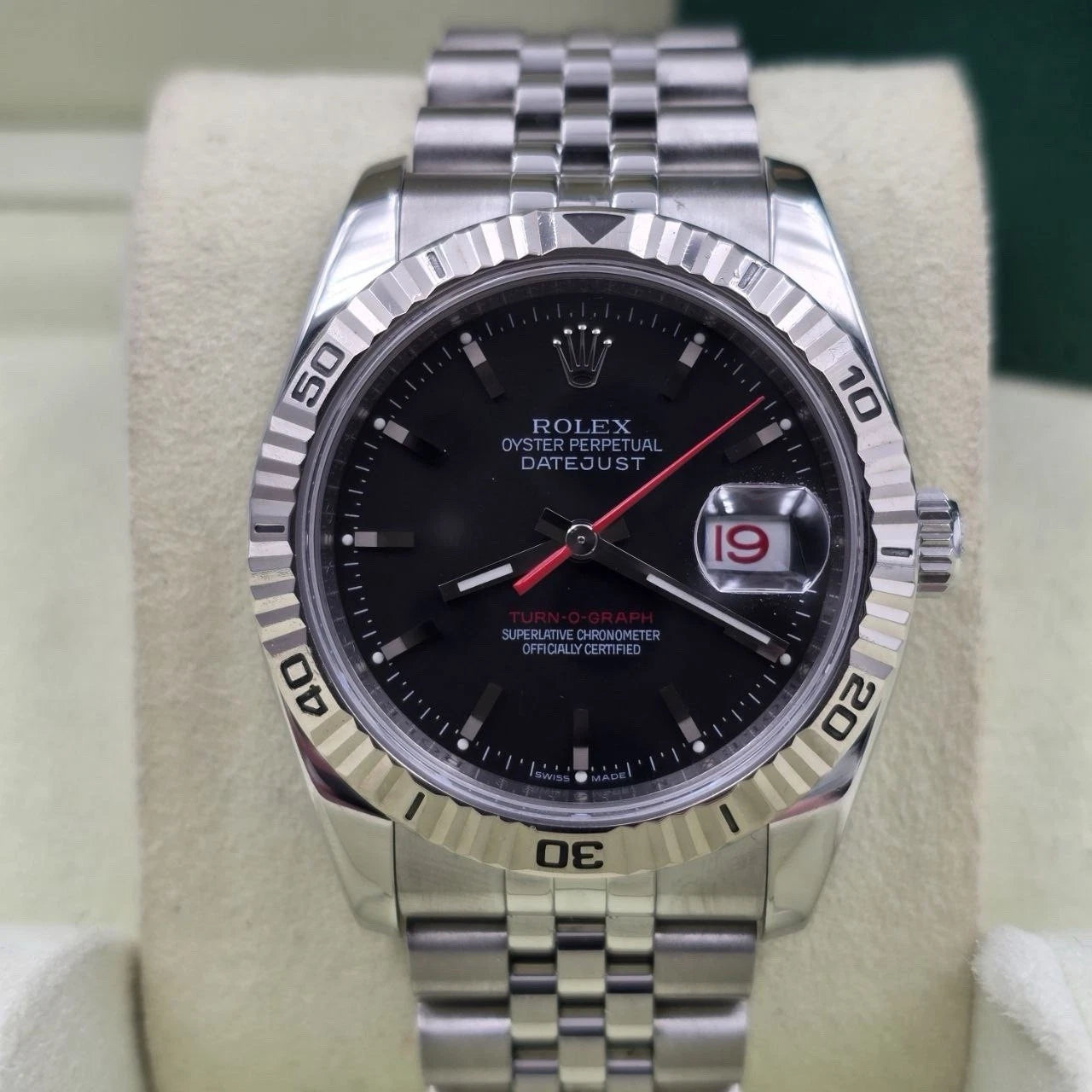 PAPERS Rolex Datejust Turn-0-Graph 36mm Black Dial 18k Fluted Jubilee 116264 BOX