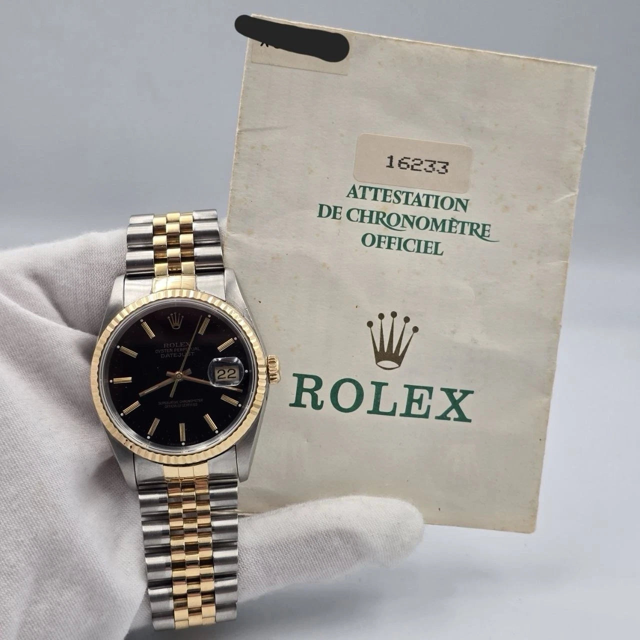PAPERS Rolex Datejust 36mm FACTORY BLACK Dial 18K Yellow Gold Jubilee 16233