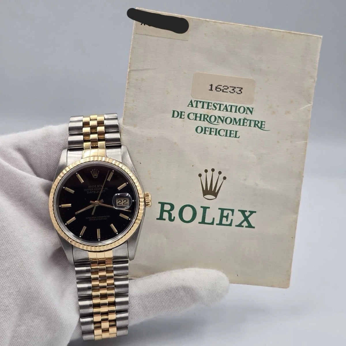 PAPERS Rolex Datejust 36mm FACTORY BLACK Dial 18K Yellow Gold Jubilee 16233