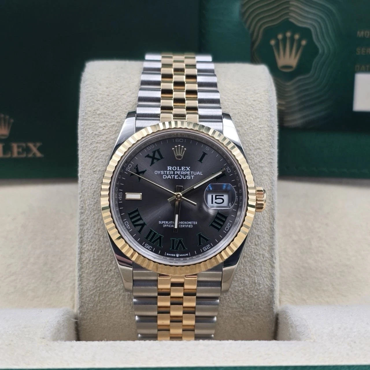 PAPERS 2022 Rolex Datejust 36mm Wimbledon Yellow Gold Fluted Jubilee 126233 BOX