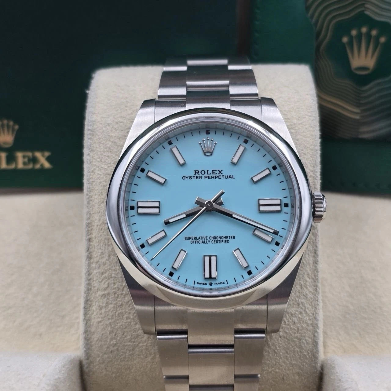 2022 PAPERS Rolex Oyster Perpetual 41mm Turquoise Tiffany Blue Steel 124300 BOX