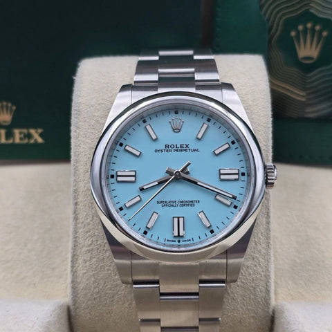2022 PAPERS Rolex Oyster Perpetual 41mm Turquoise Tiffany Blue Steel 124300 BOX