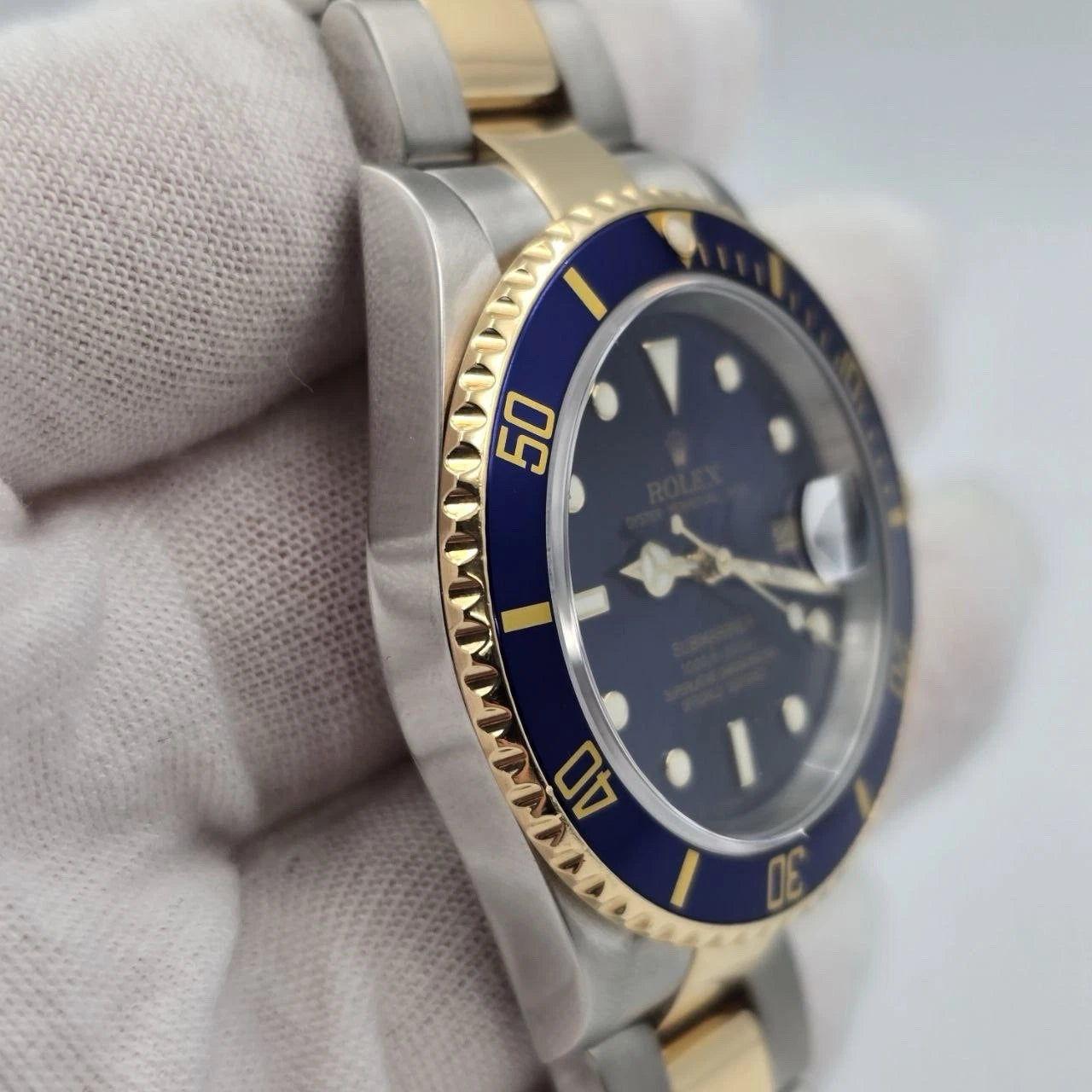 2006 Rolex Submariner 16613 NO HOLES Blue Dial Two Tone Steel Gold 40mm Watch