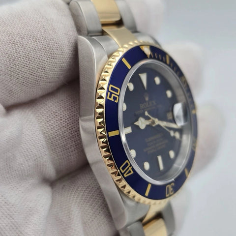 2006 Rolex Submariner 16613 NO HOLES Blue Dial Two Tone Steel Gold 40mm Watch