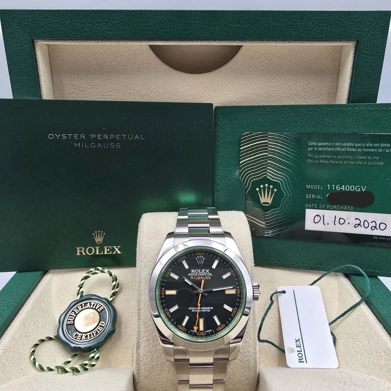 PAPERS 2020 Rolex Milgauss 40mm Steel Black Dial Green Crystal 116400GV BOX