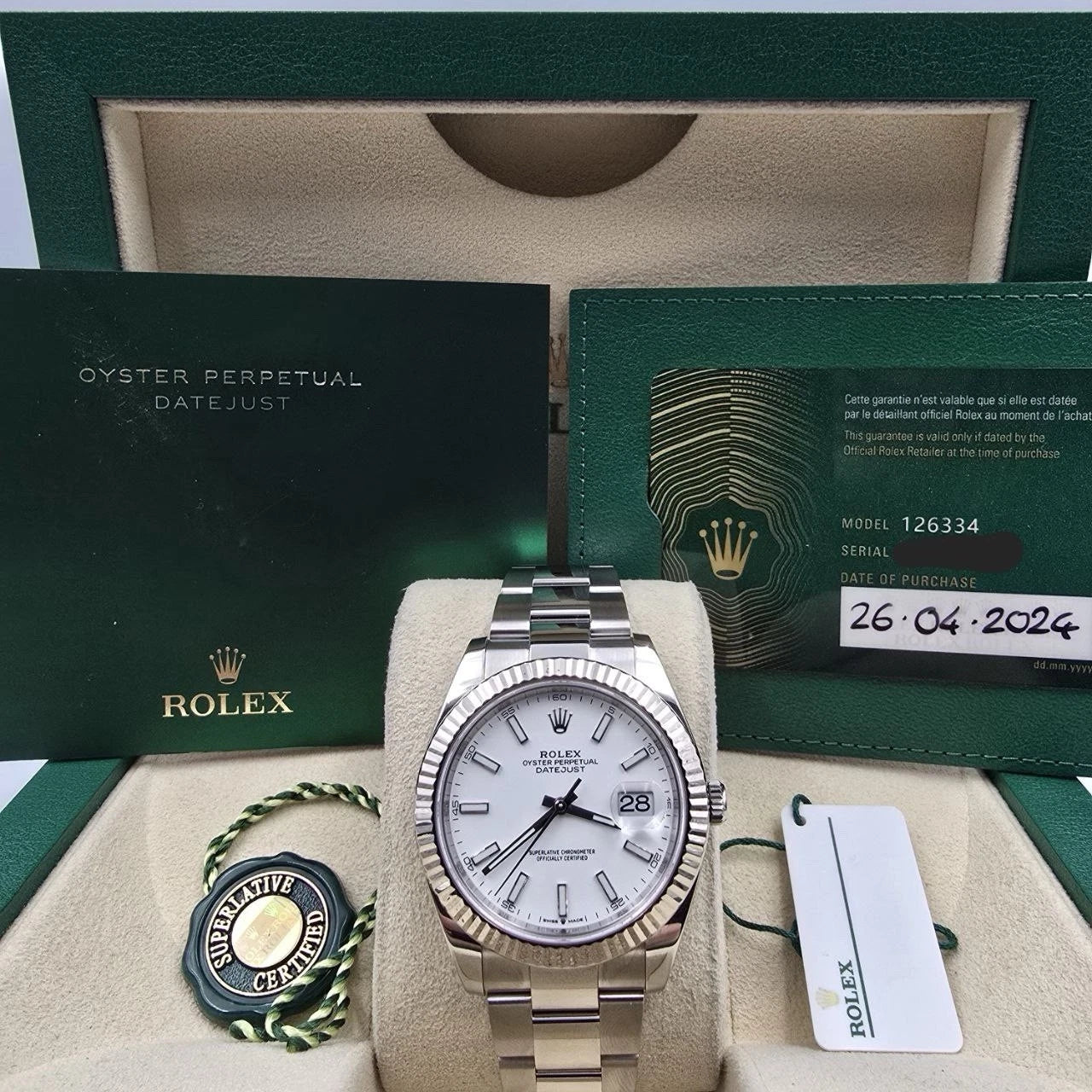 PAPERS 2024 Rolex Datejust 41mm 126334 Stainless Steel Oyster White Dial BOX