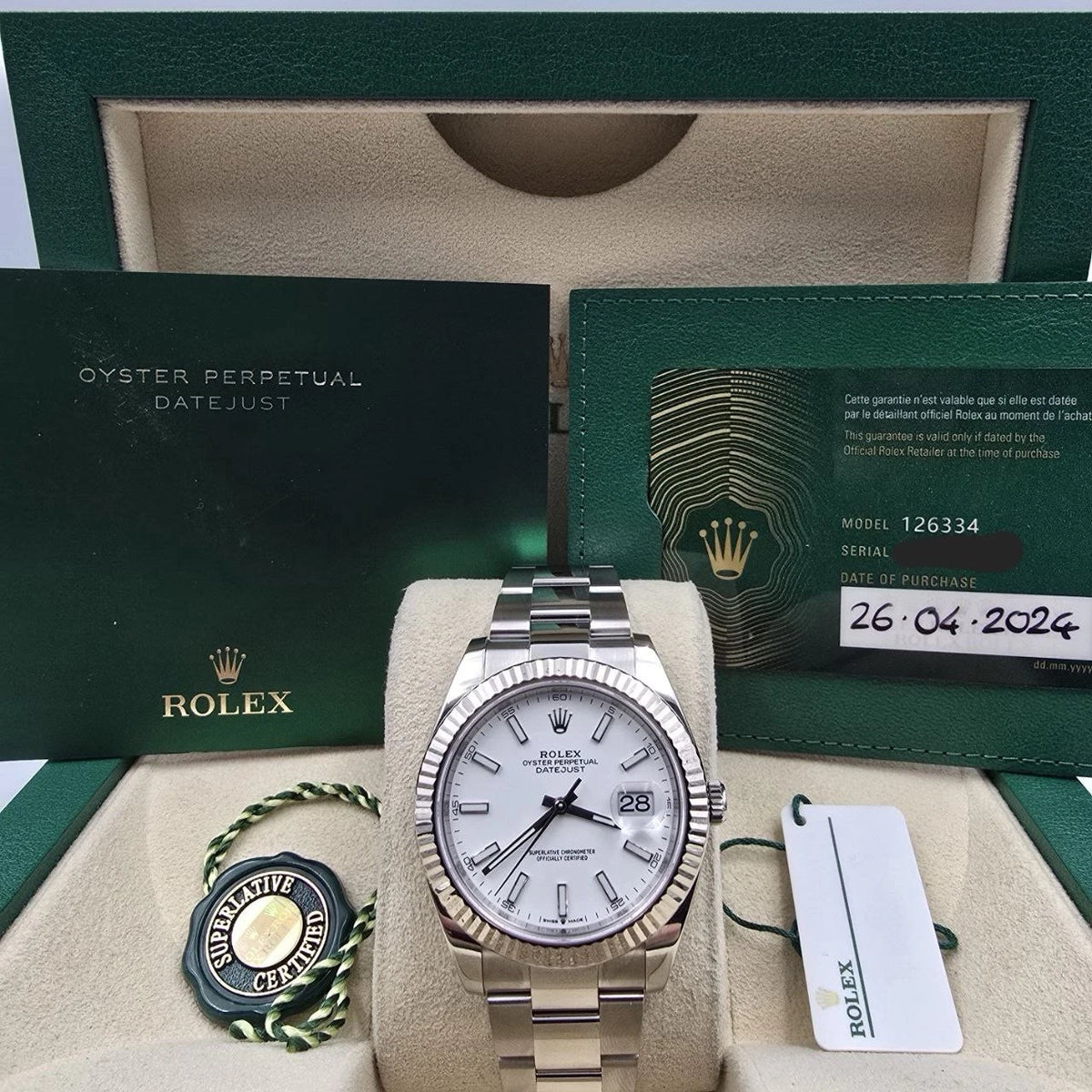 PAPERS 2024 Rolex Datejust 41mm 126334 Stainless Steel Oyster White Dial BOX