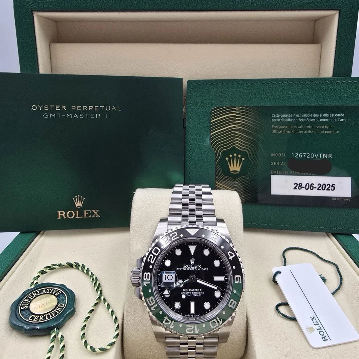 PAPERS 2025 Rolex GMT-Master II “Sprite” 40mm 126720VTNR Jubilee Black Dial BOX