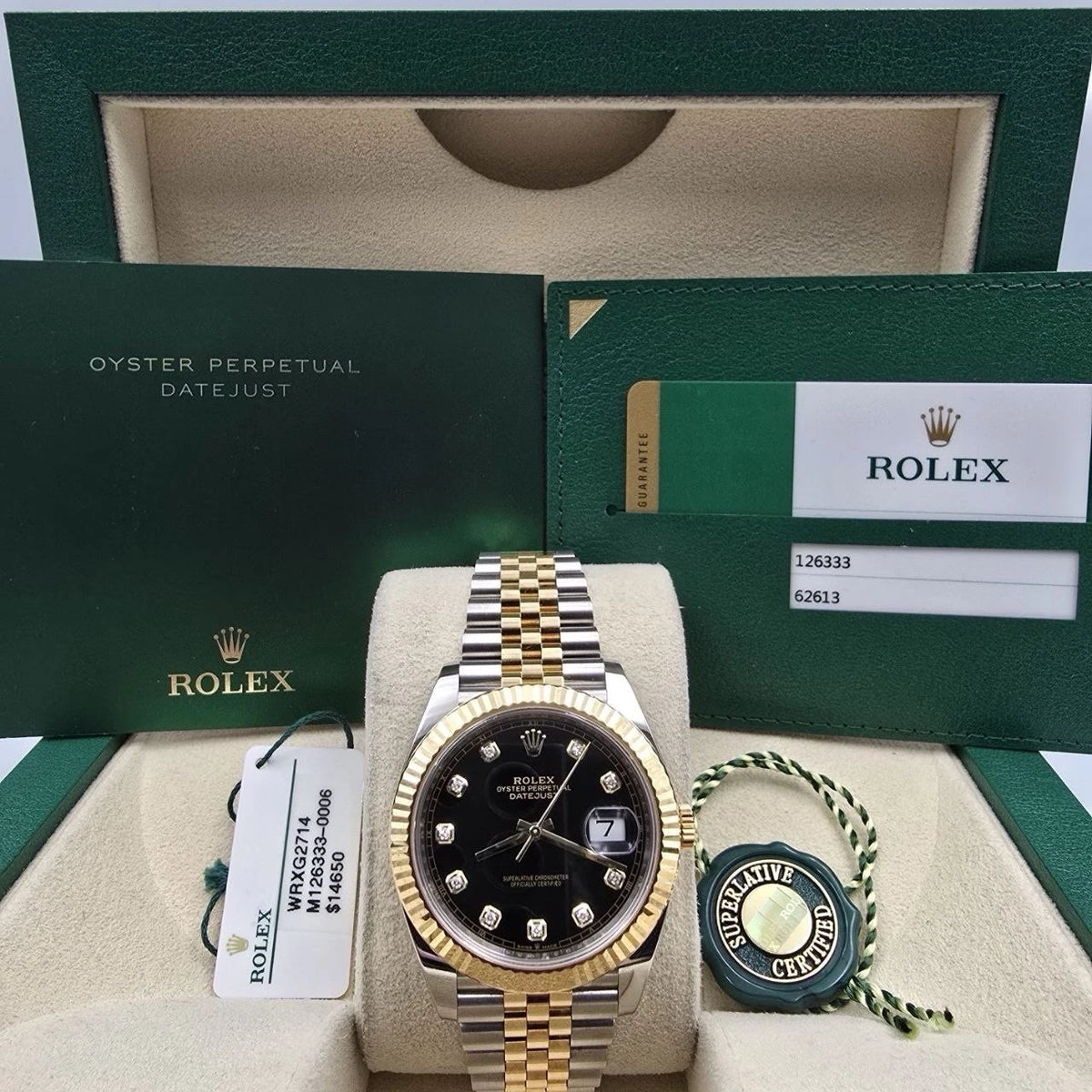 2019 PAPERS Rolex Datejust 41mm 126333 Two Tone Jubilee Black Diamond Dial BOX