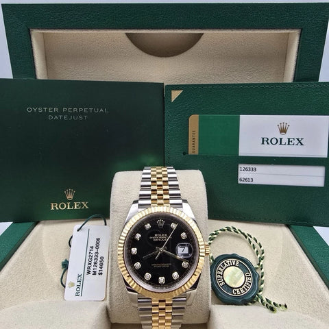 2019 PAPERS Rolex Datejust 41mm 126333 Two Tone Jubilee Black Diamond Dial BOX
