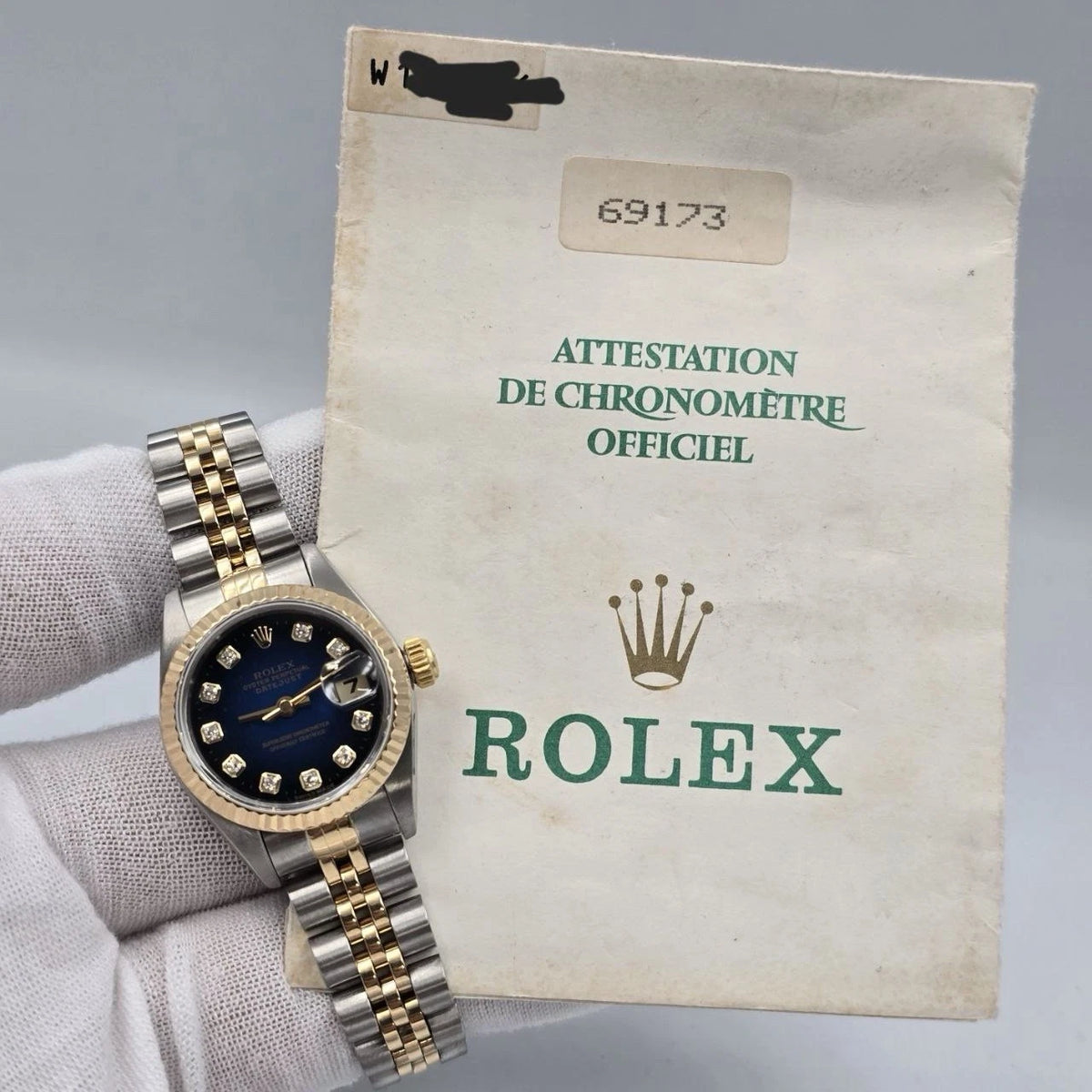 PAPERS Rolex Lady Datejust 69173 Blue Diamond Vignette Dial TT Jubilee 26mm