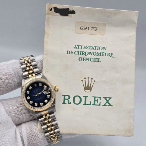 PAPERS Rolex Lady Datejust 69173 Blue Diamond Vignette Dial TT Jubilee 26mm
