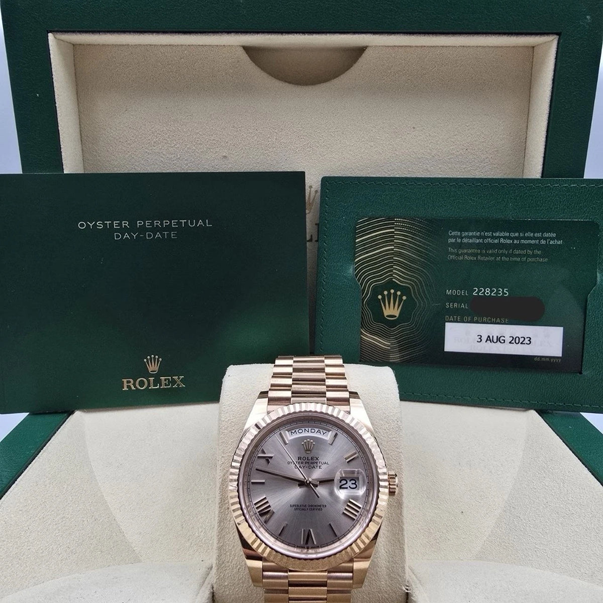 2023 PAPERS Rolex Day-Date 40 228235 President Rose Gold Sundust Roman Dial BOX