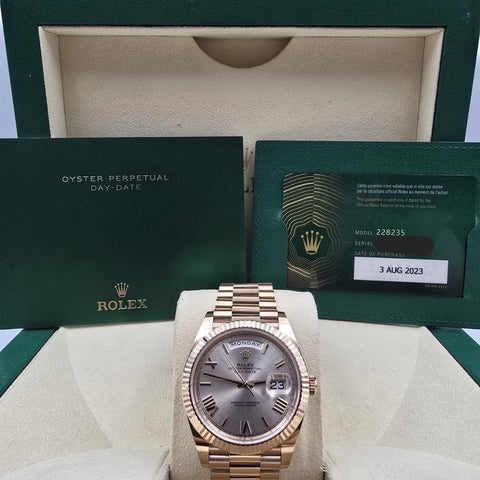 2023 PAPERS Rolex Day-Date 40 228235 President Rose Gold Sundust Roman Dial BOX