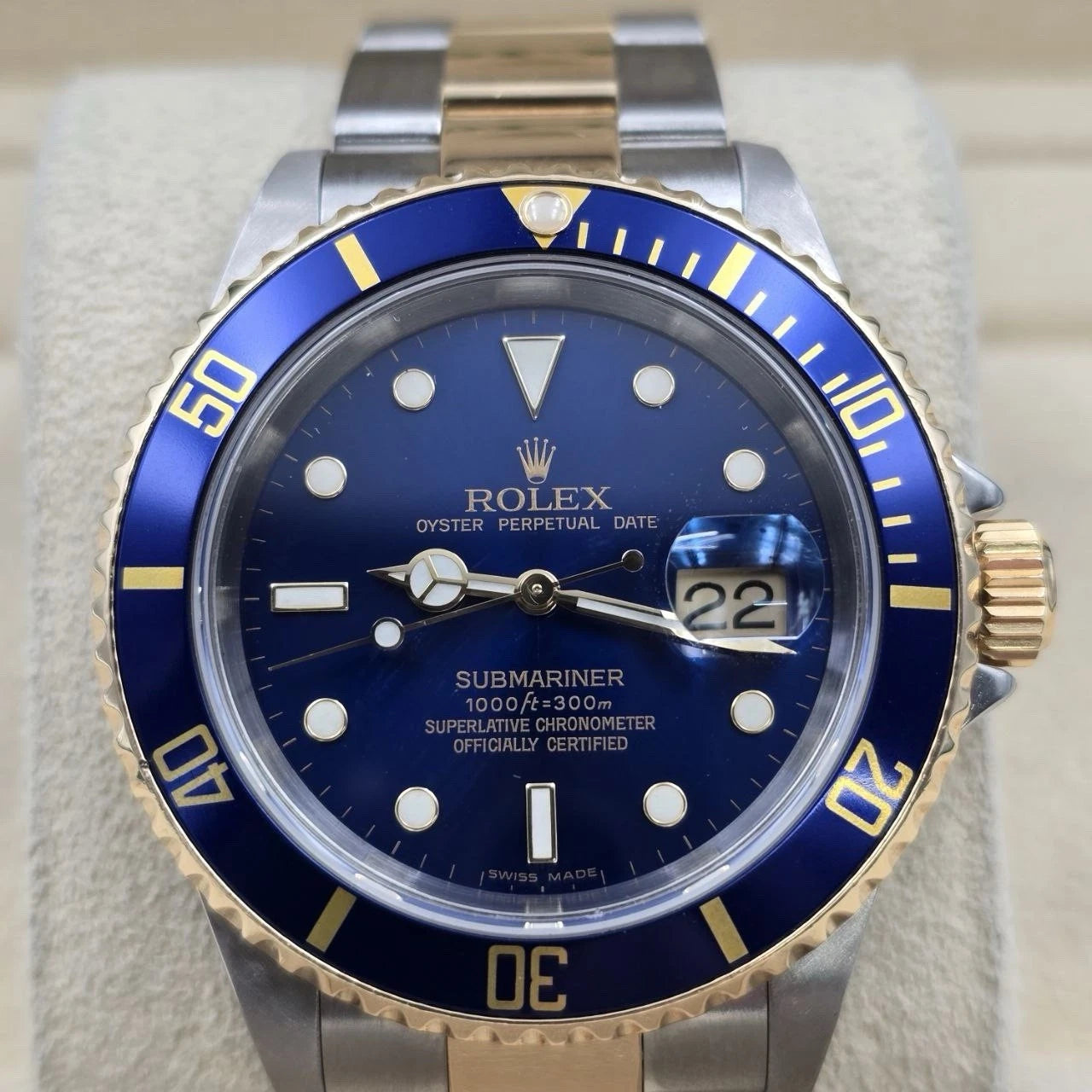 2006 Rolex Submariner 16613 NO HOLES Blue Dial Two Tone Steel Gold 40mm Watch