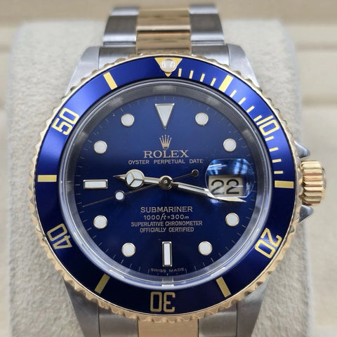 2006 Rolex Submariner 16613 NO HOLES Blue Dial Two Tone Steel Gold 40mm Watch