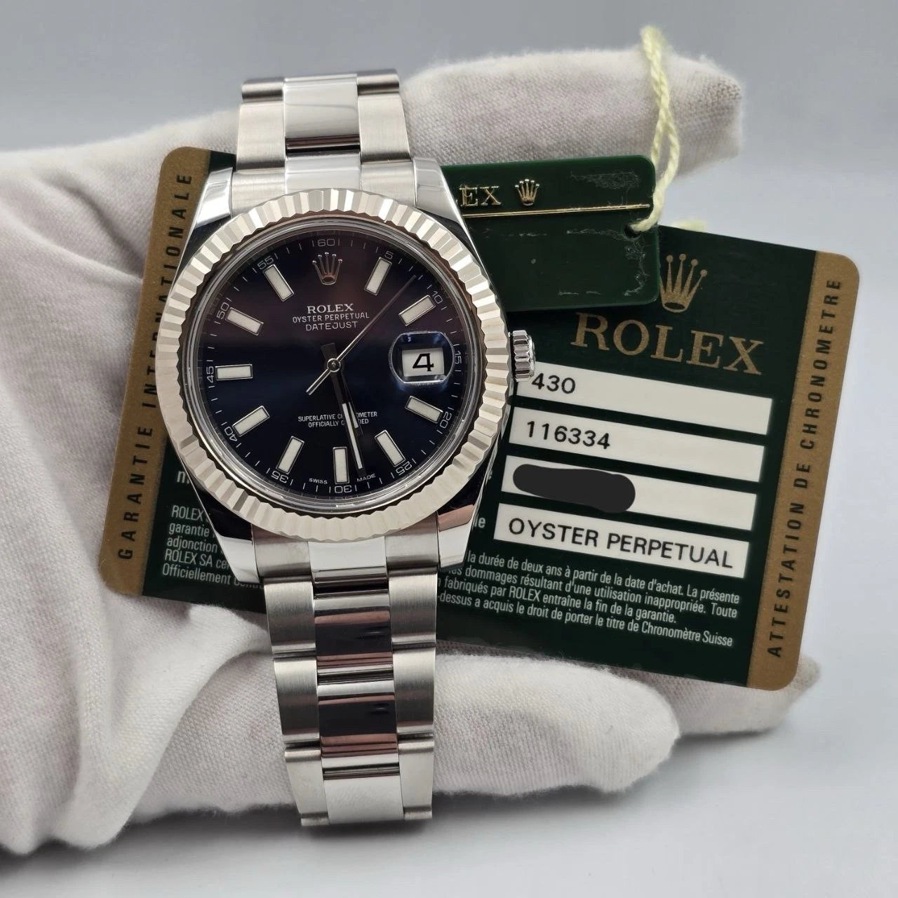 2014 PAPERS Rolex Datejust II 116334 Steel 18k White Gold Blue Dial 41mm Watch