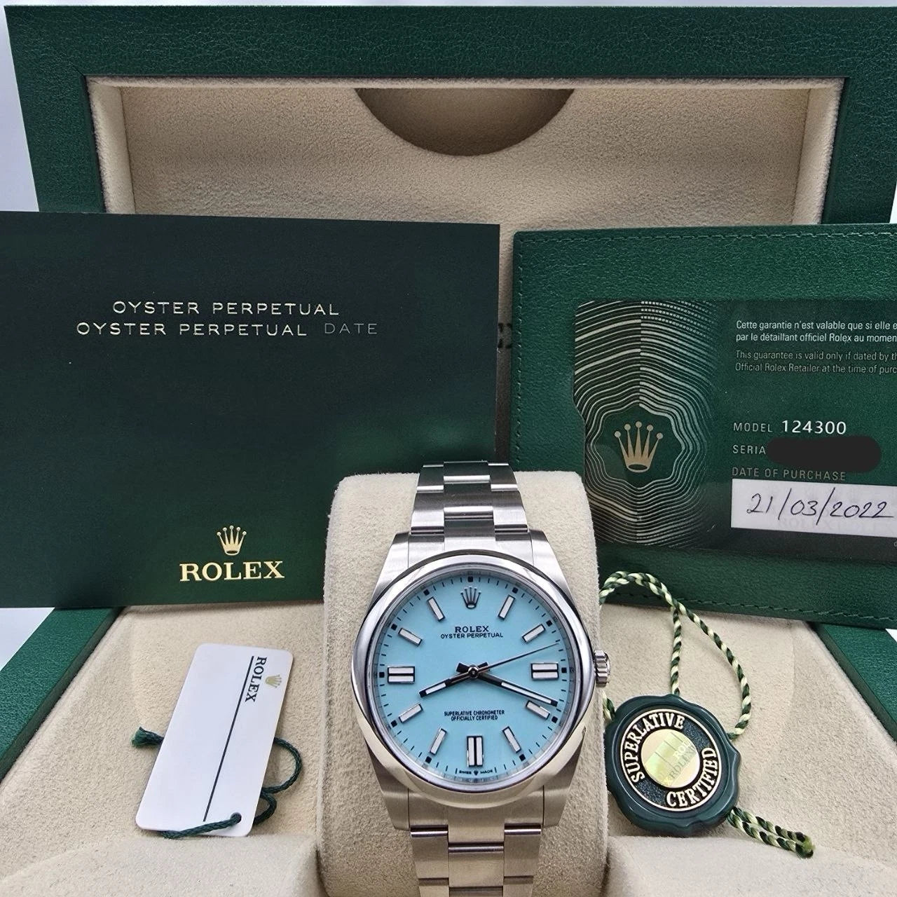 2022 PAPERS Rolex Oyster Perpetual 41mm Turquoise Tiffany Blue Steel 124300 BOX