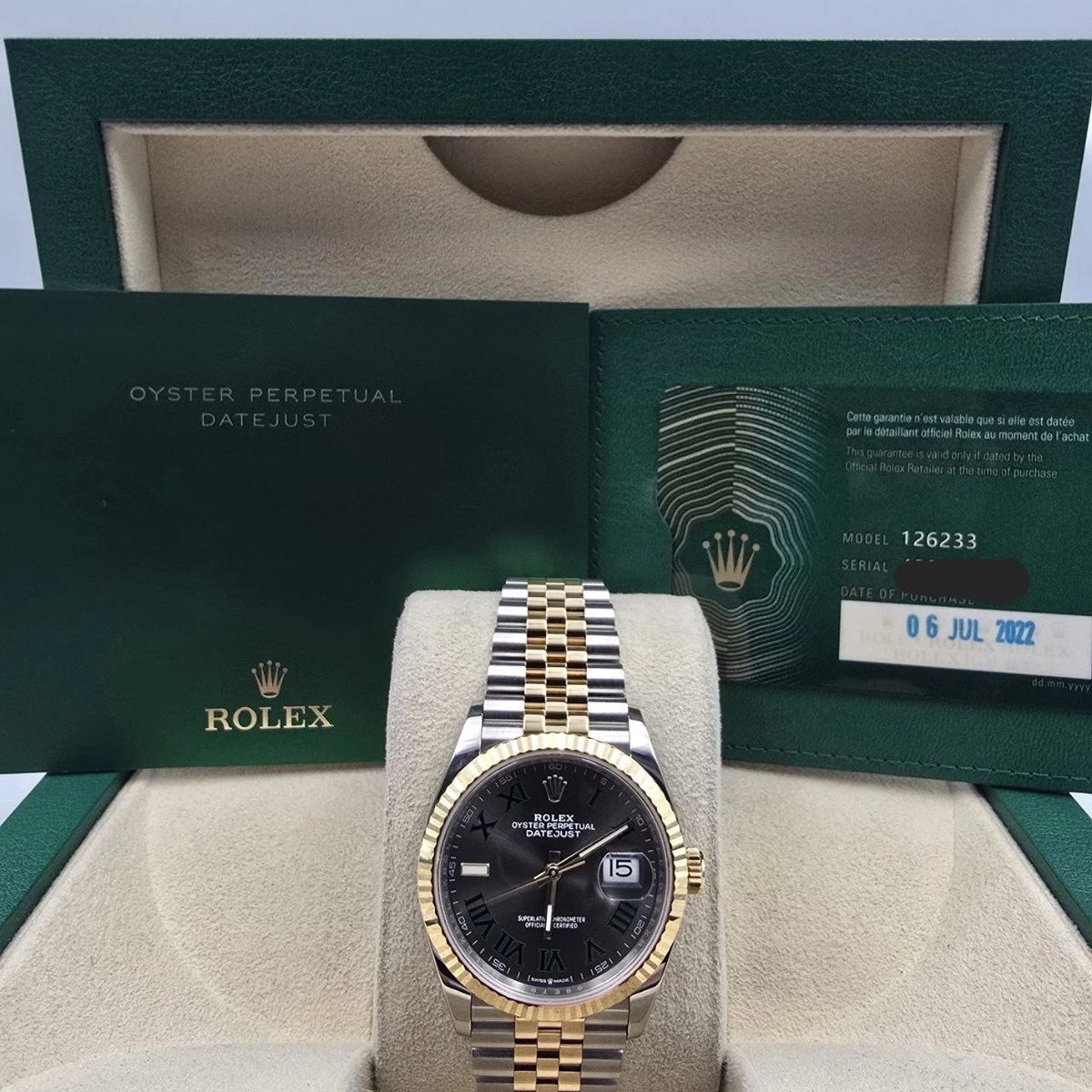 PAPERS 2022 Rolex Datejust 36mm Wimbledon Yellow Gold Fluted Jubilee 126233 BOX