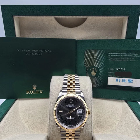 PAPERS 2022 Rolex Datejust 36mm Wimbledon Yellow Gold Fluted Jubilee 126233 BOX