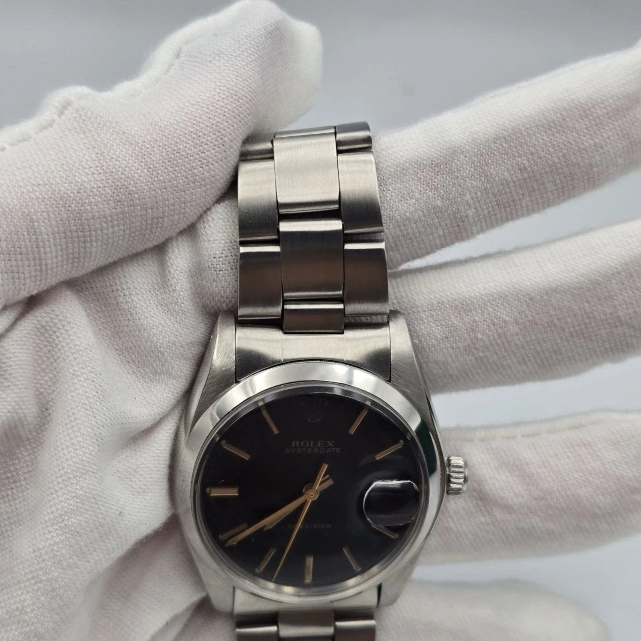 Rolex Oysterdate Precision 6694 Black Dial Gold Accents 34mm Watch