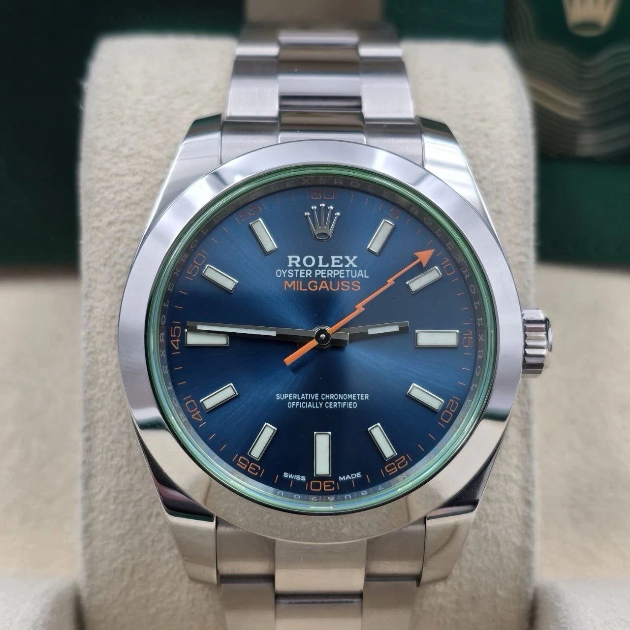 PAPERS 2021 Rolex Milgauss 40mm Steel Blue Dial Green Crystal 116400GV BOX