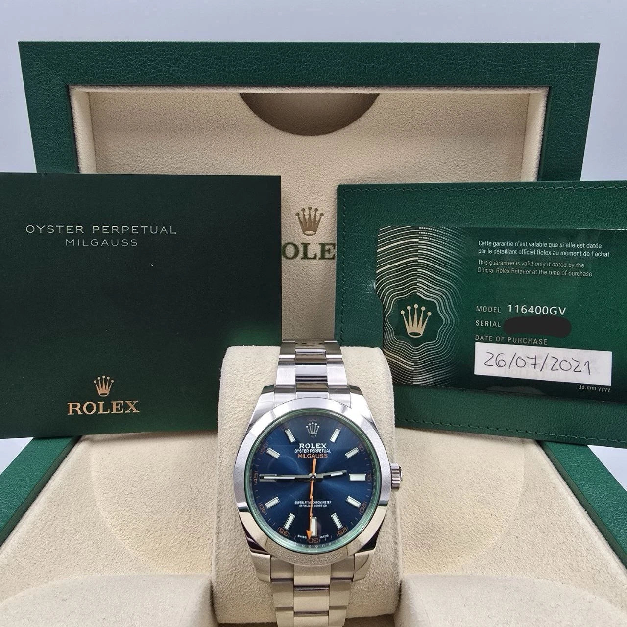 PAPERS 2021 Rolex Milgauss 40mm Steel Blue Dial Green Crystal 116400GV BOX