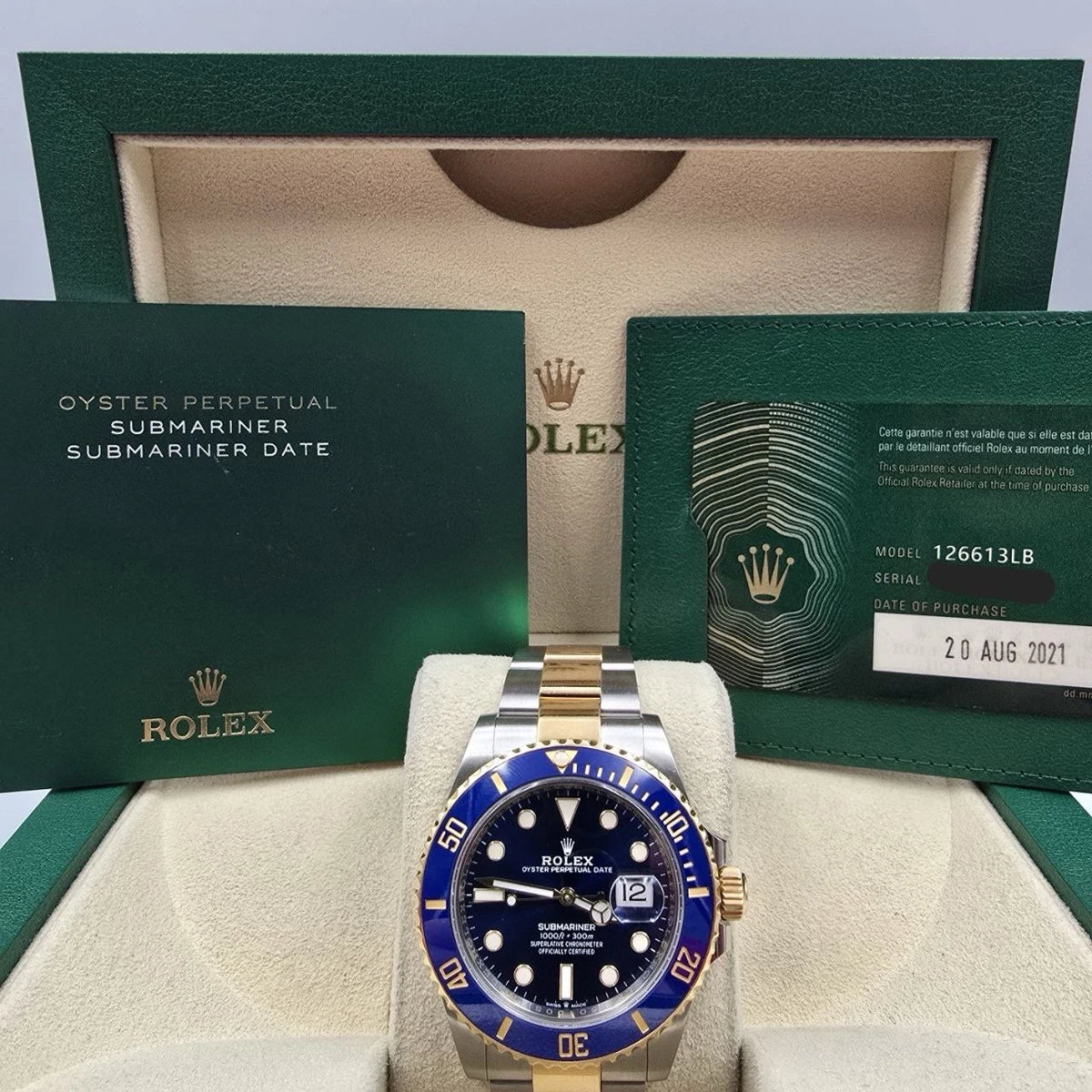 PAPERS 2021 Rolex Submariner Blue Dial Two Tone Gold 41mm Watch 126613LB BOX