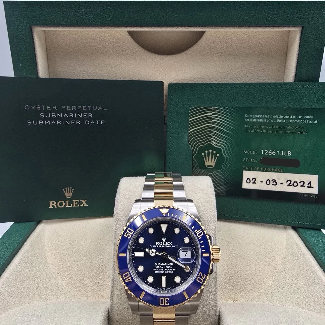 2021 PAPERS Rolex Submariner Blue Dial Two Tone Gold 41mm Watch 126613LB BOX