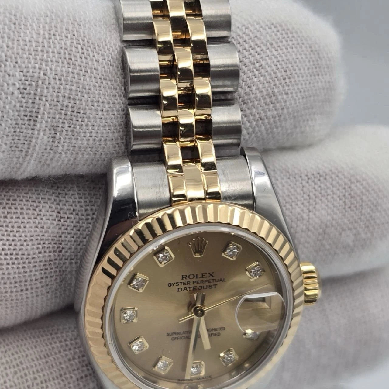 PAPERS MINT Rolex Datejust 18k Two Tone Champagne Diamond Dial 26mm Watch 179173