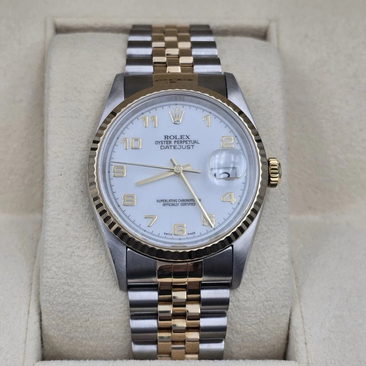 Rolex Datejust 36mm NO-HOLES White Arabic Two-Tone 18K Watch 16233