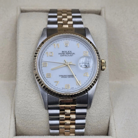 Rolex Datejust 36mm NO-HOLES White Arabic Two-Tone 18K Watch 16233