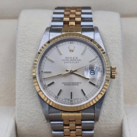 PAPERS Rolex Datejust Yellow Gold Steel Silver Dial 36mm NO HOLES 16233 Watch